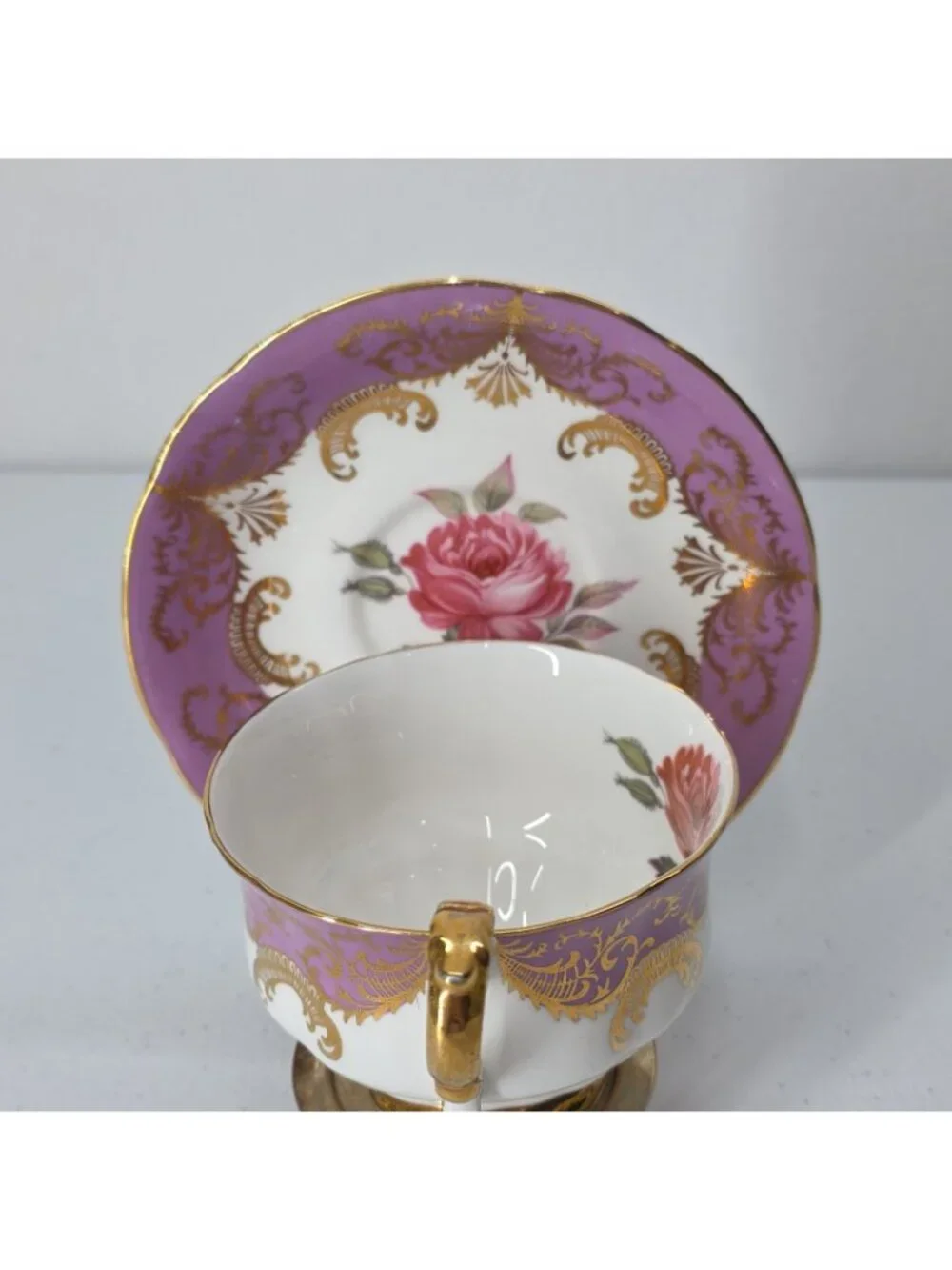 Paragon England Antique Rose Tea Cup & Saucer Signed Reg Johnson Gold Fushia